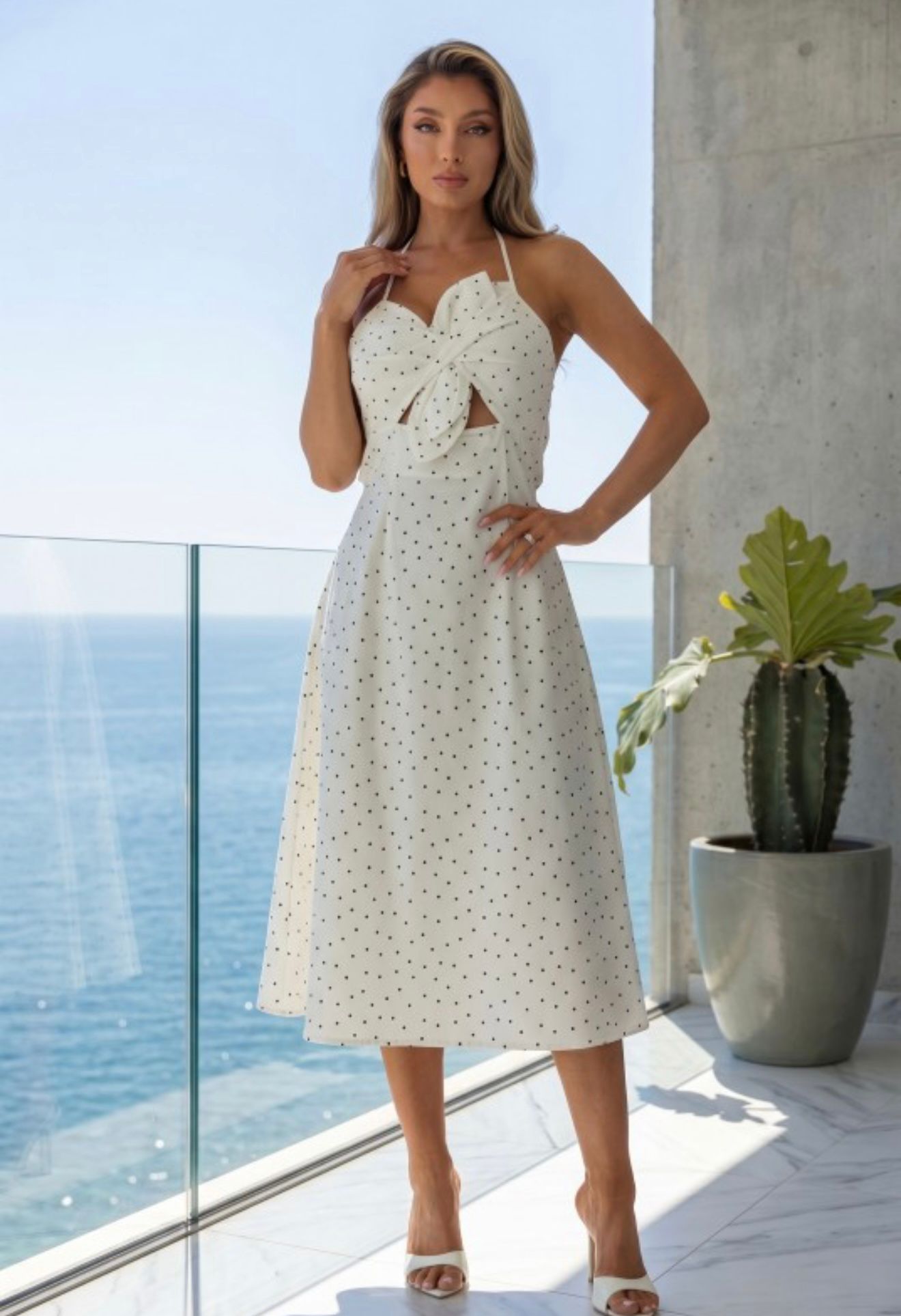 Zara Polka Dot Flower Bow Midi Dress