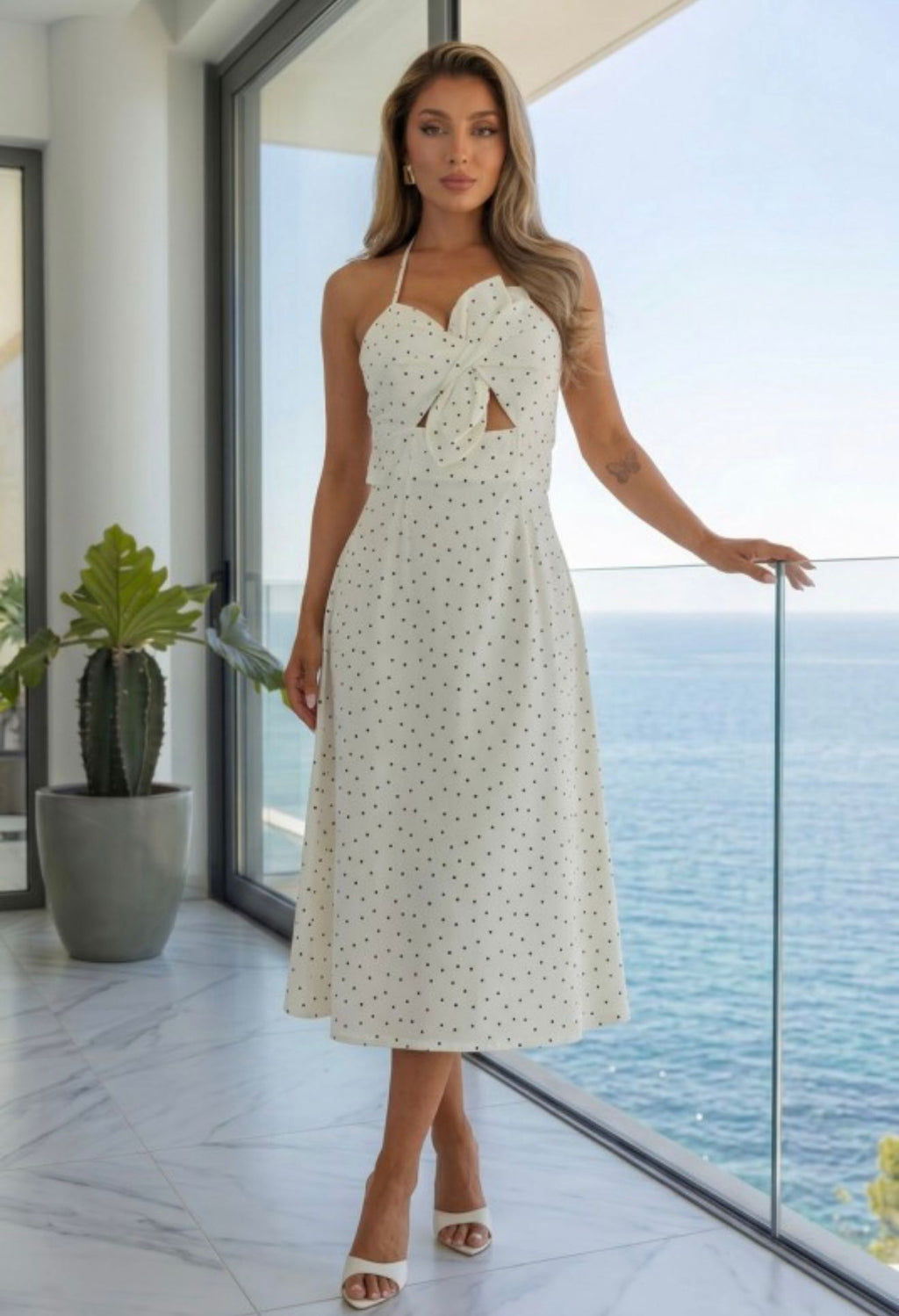 Zara Polka Dot Flower Bow Midi Dress
