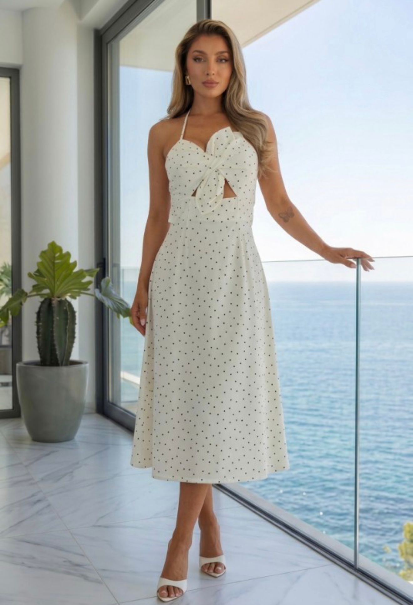 Zara Polka Dot Flower Bow Midi Dress