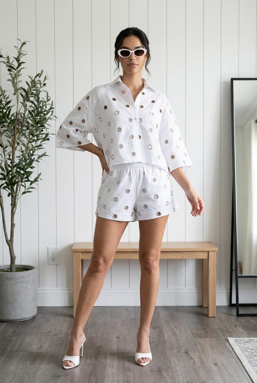 Sofía White Rhinestone Circle Short Set