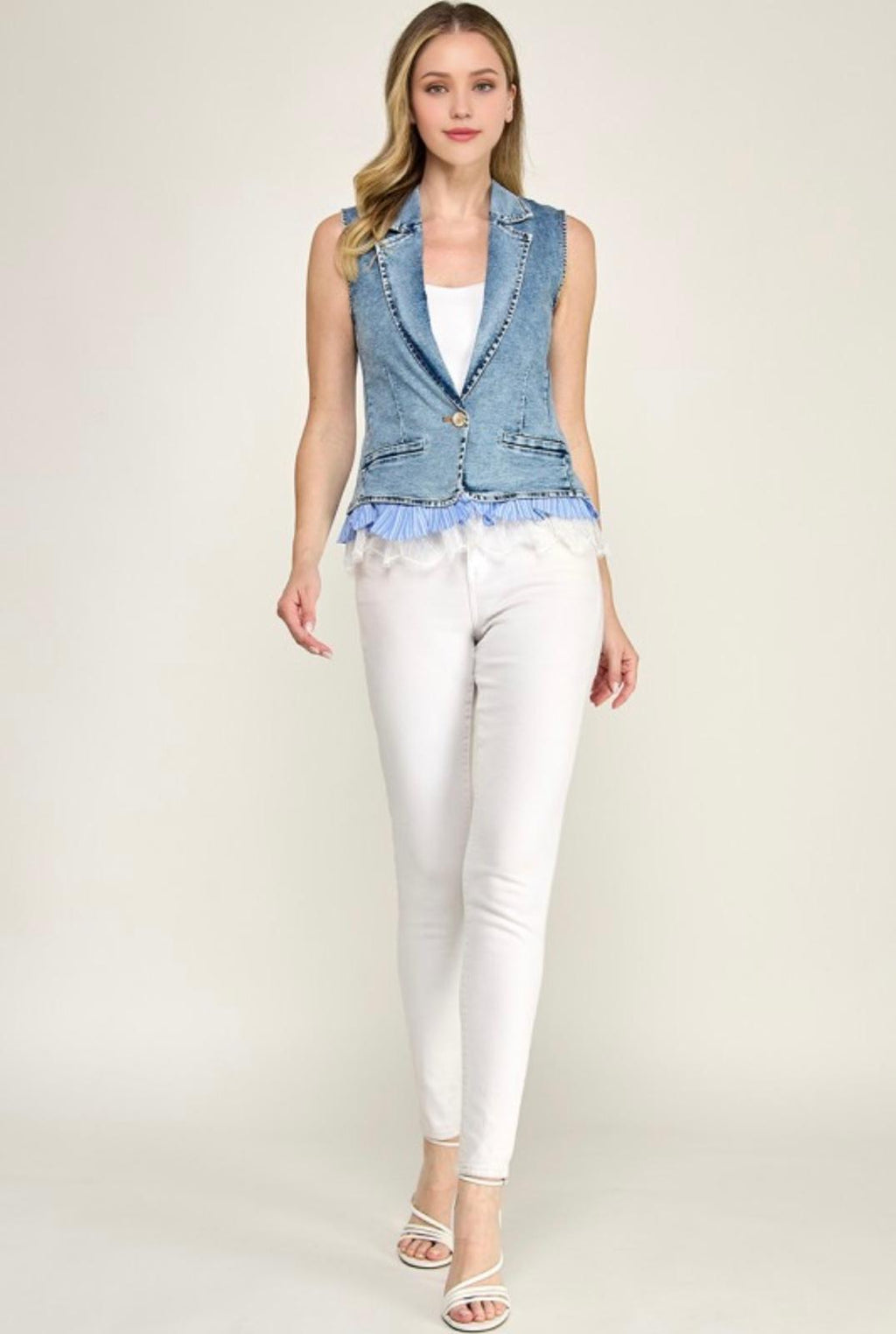 Harper One Button stripe and lace Detail Vest