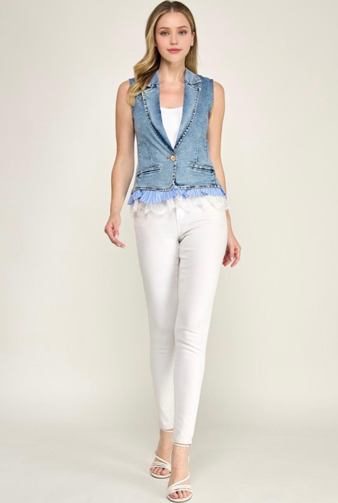 Harper One Button stripe and lace Detail Vest