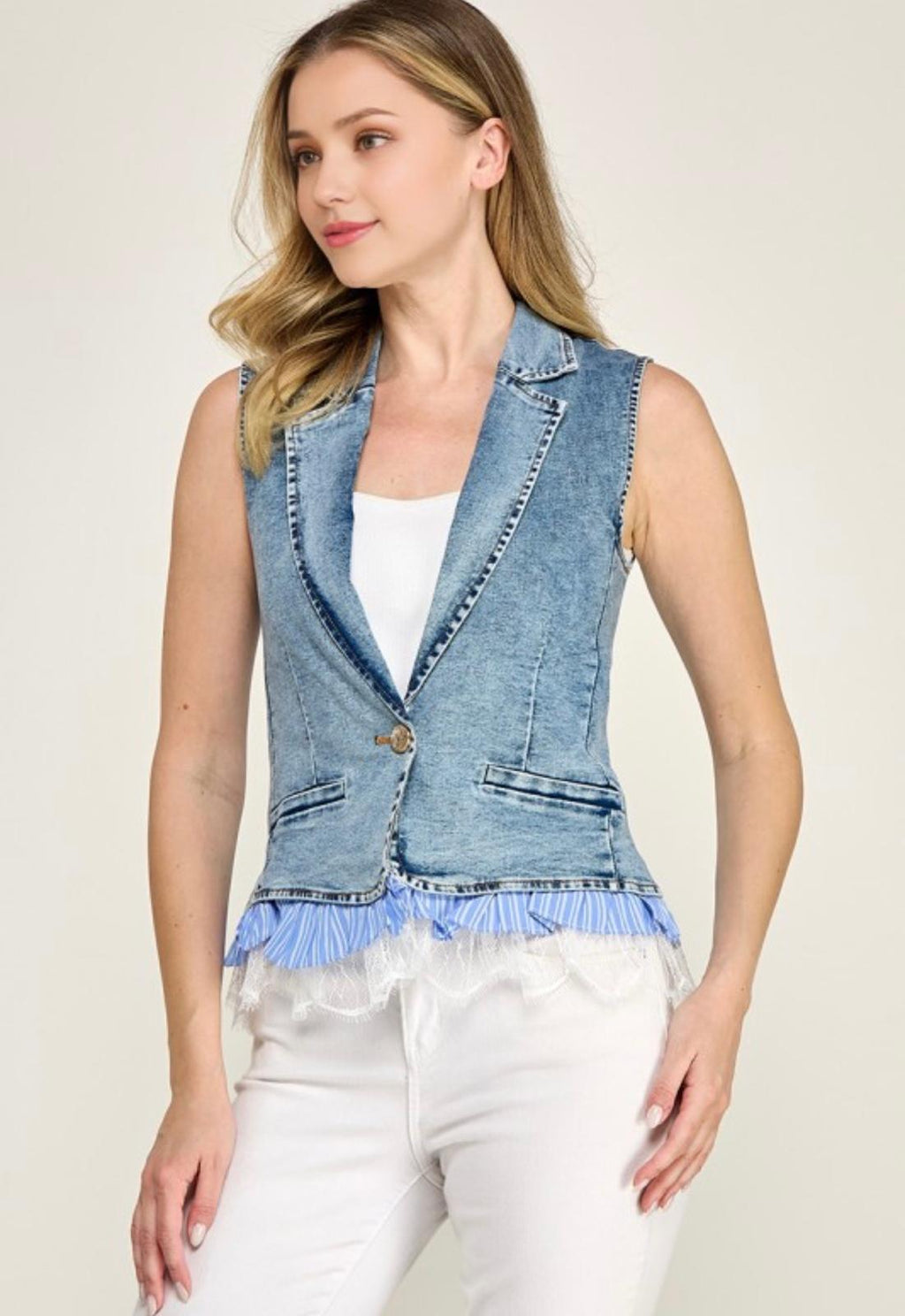 Harper One Button stripe and lace Detail Vest