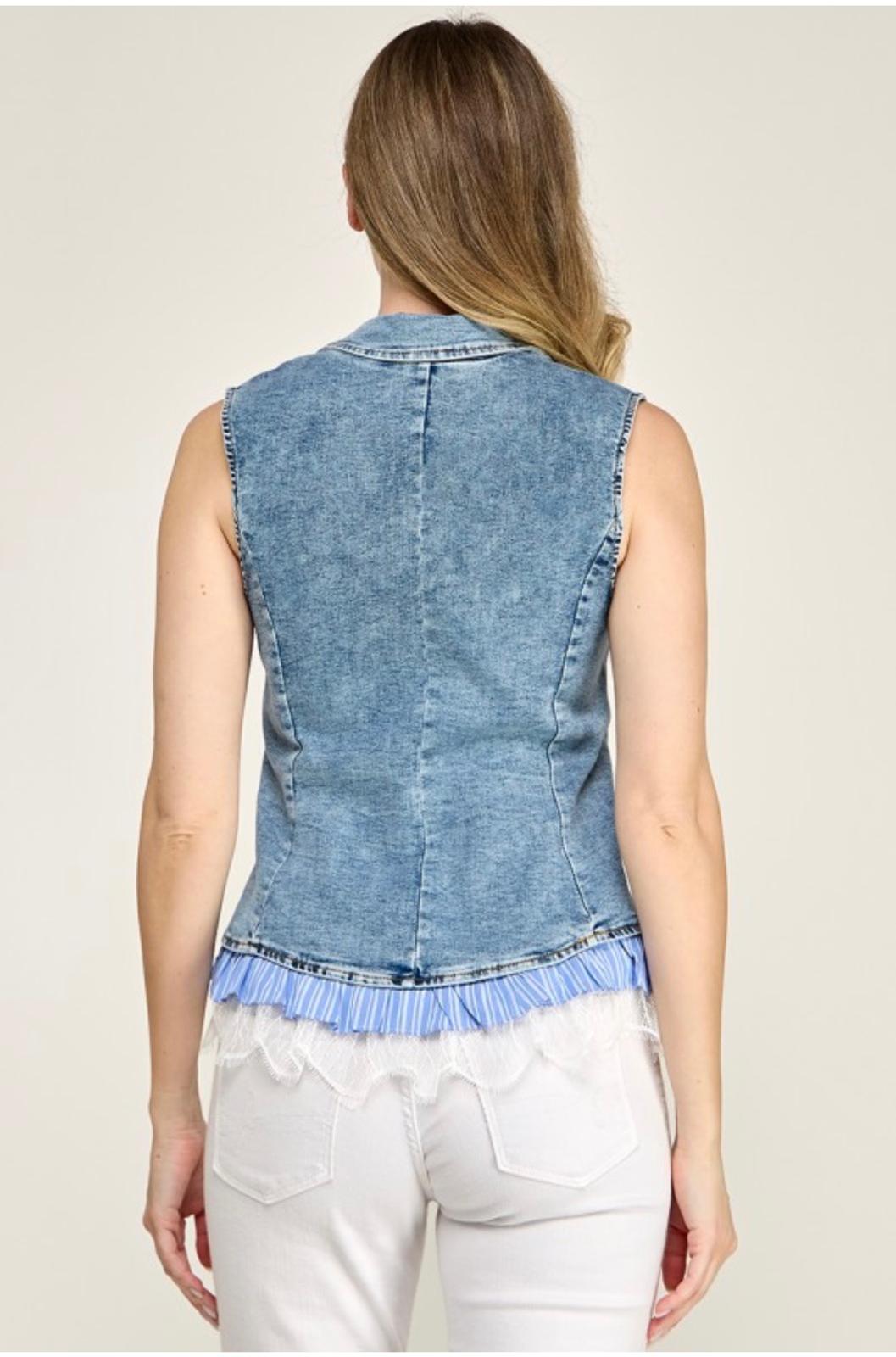 Harper One Button stripe and lace Detail Vest