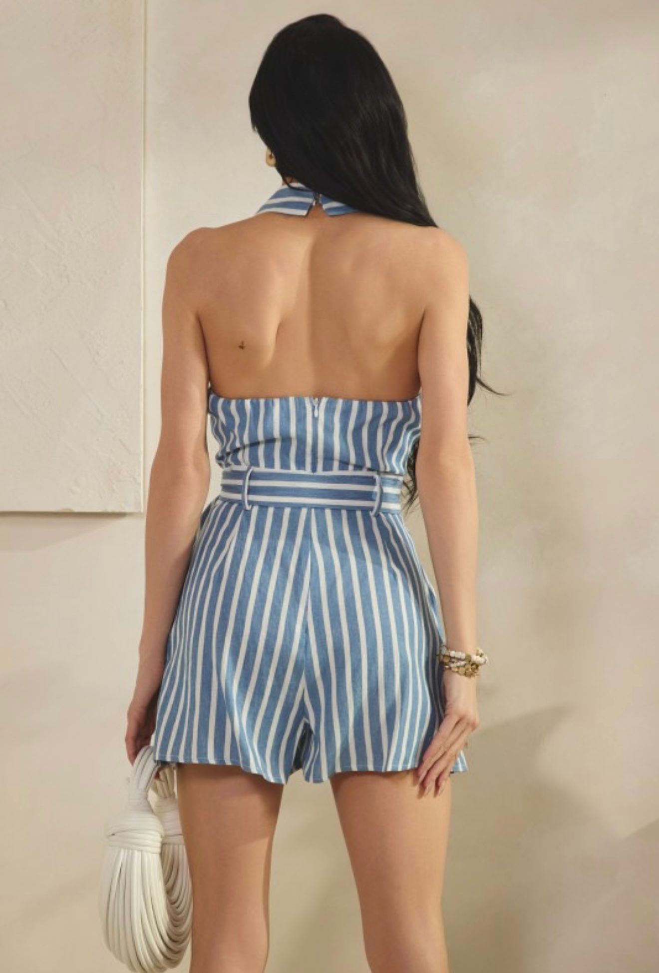 Riley Collared Halter Neck Denim Stripe Romper