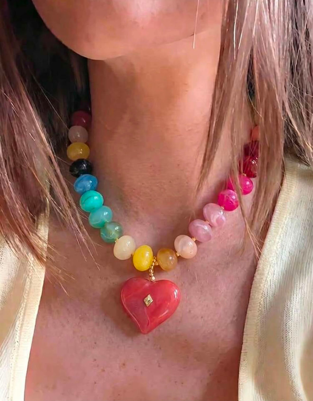 Fashion Resin Tie Dye Beaded Heart Necklace