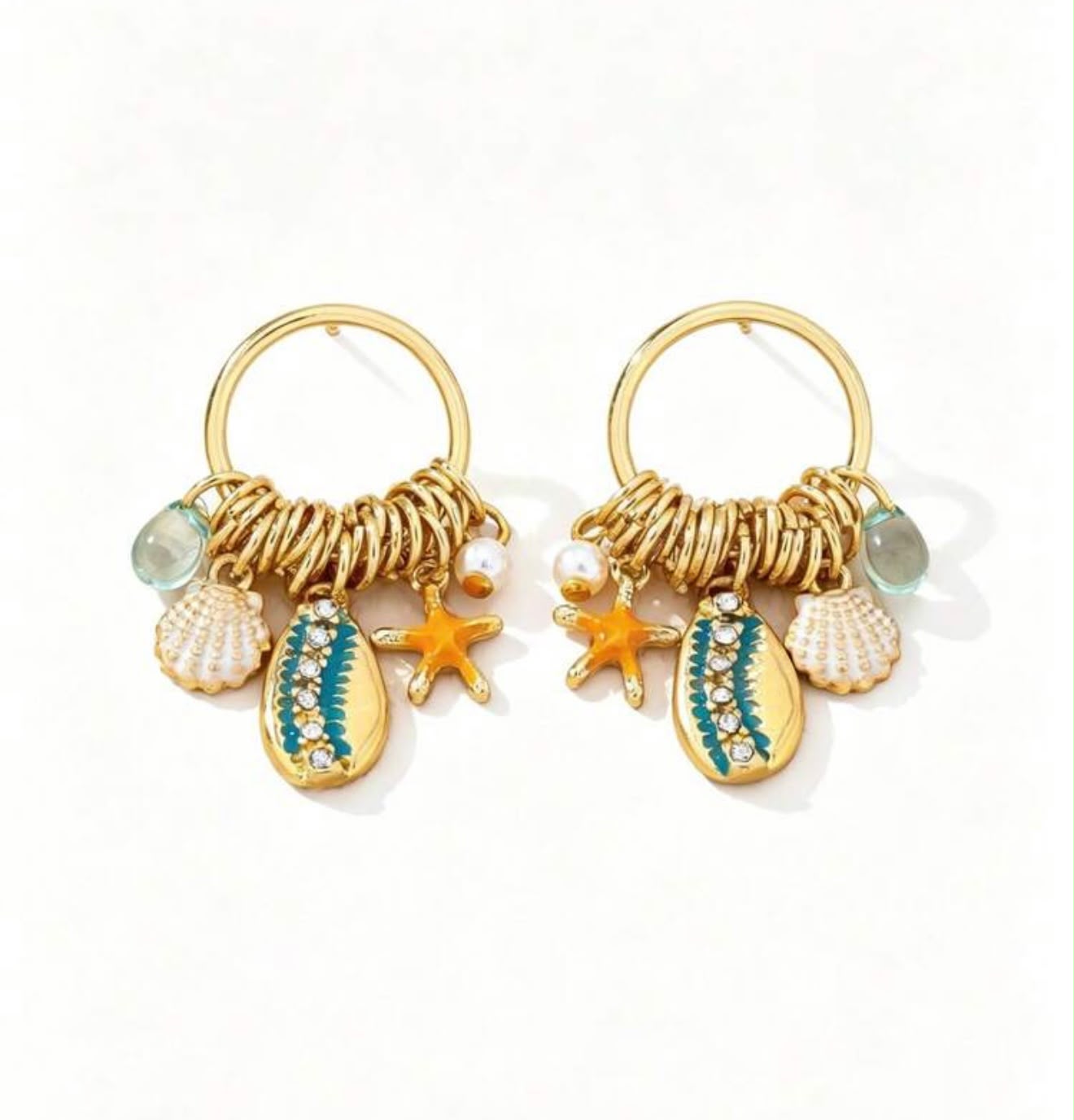 Summer Beach Vacation Style Hoop Earrings Starfish / Shell /Faux Pearl Charms