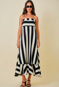 Strapless Mixed Stripe Maxi Dress With Flared Ruffle Hem
