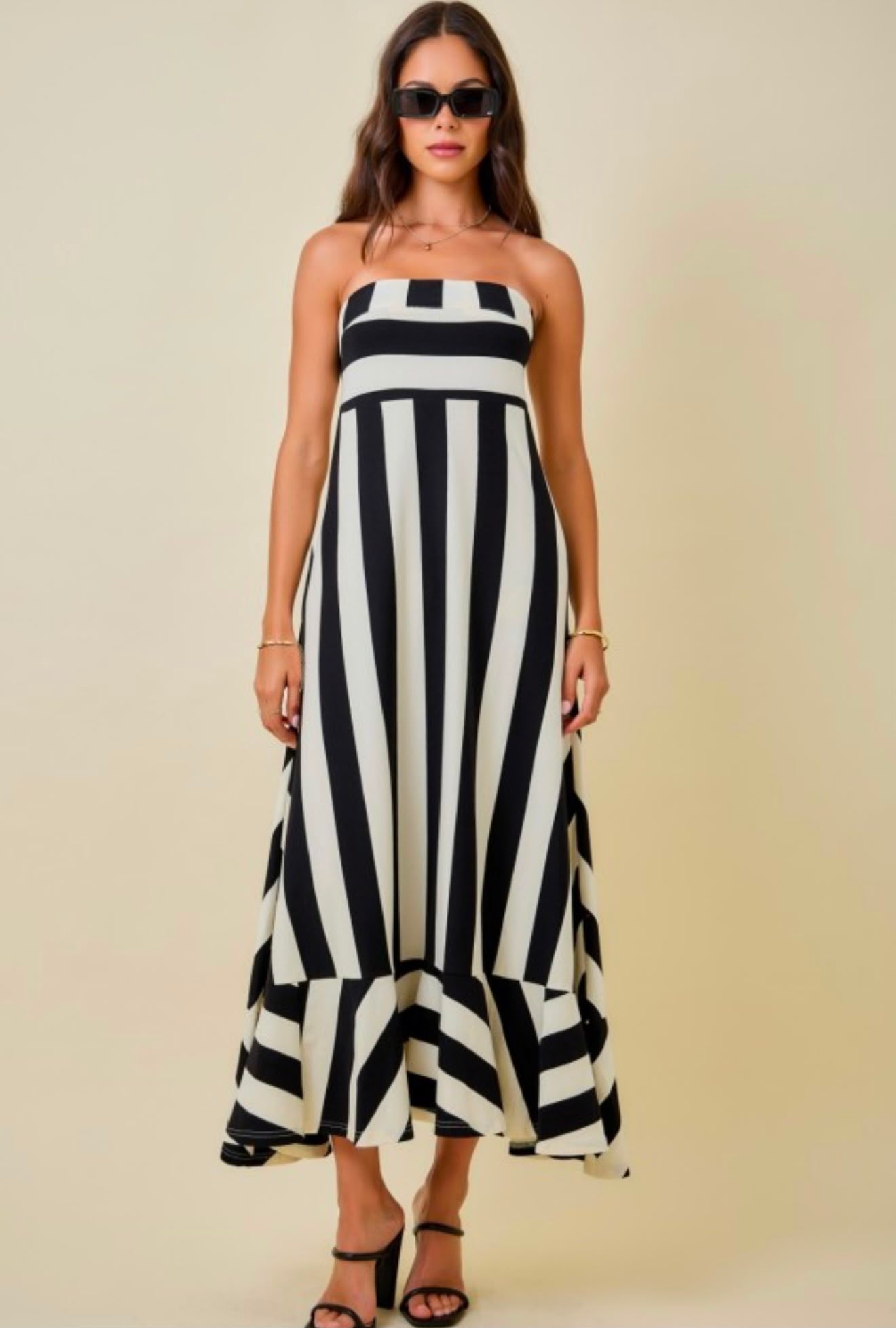 Strapless Mixed Stripe Maxi Dress With Flared Ruffle Hem