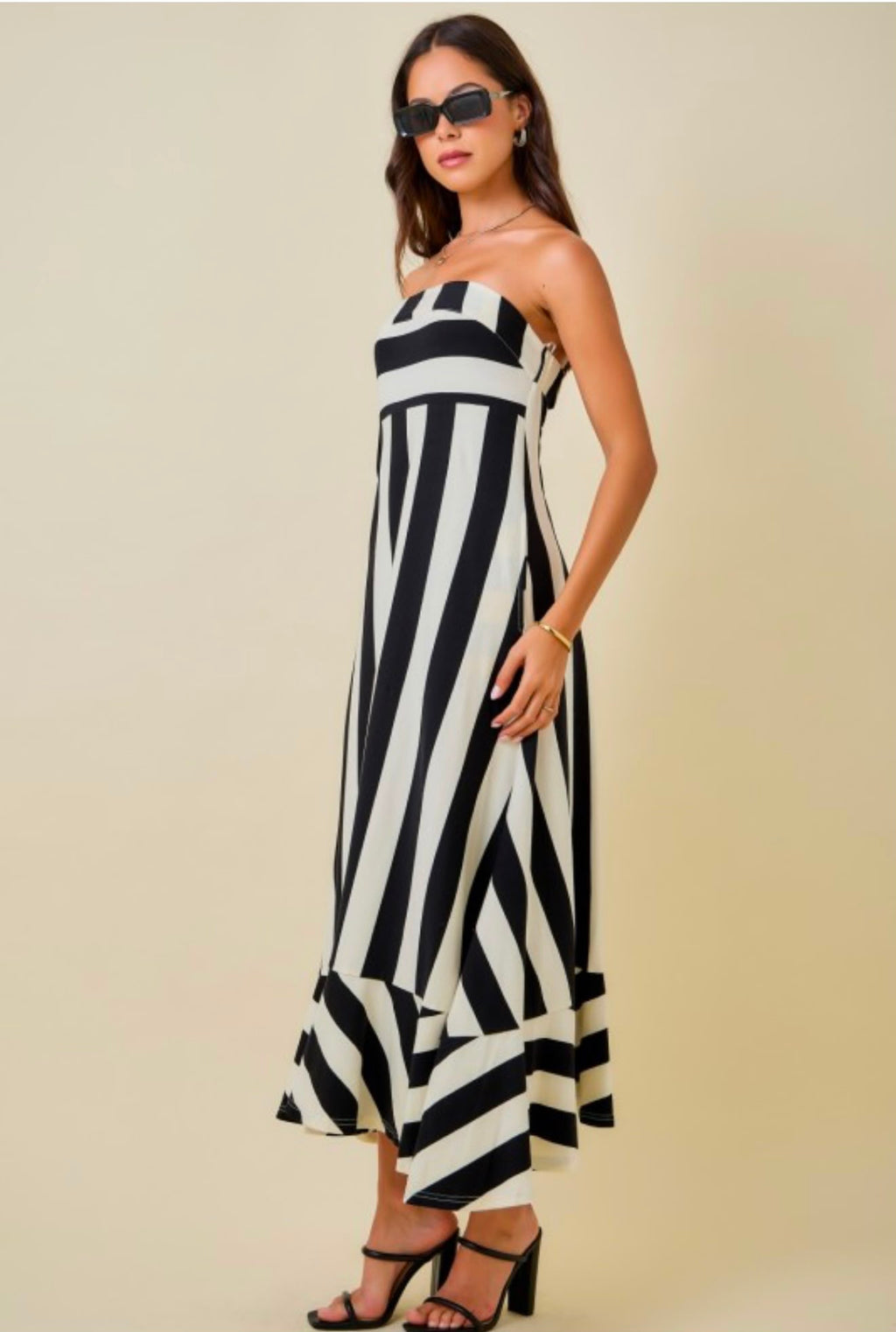 Strapless Mixed Stripe Maxi Dress With Flared Ruffle Hem