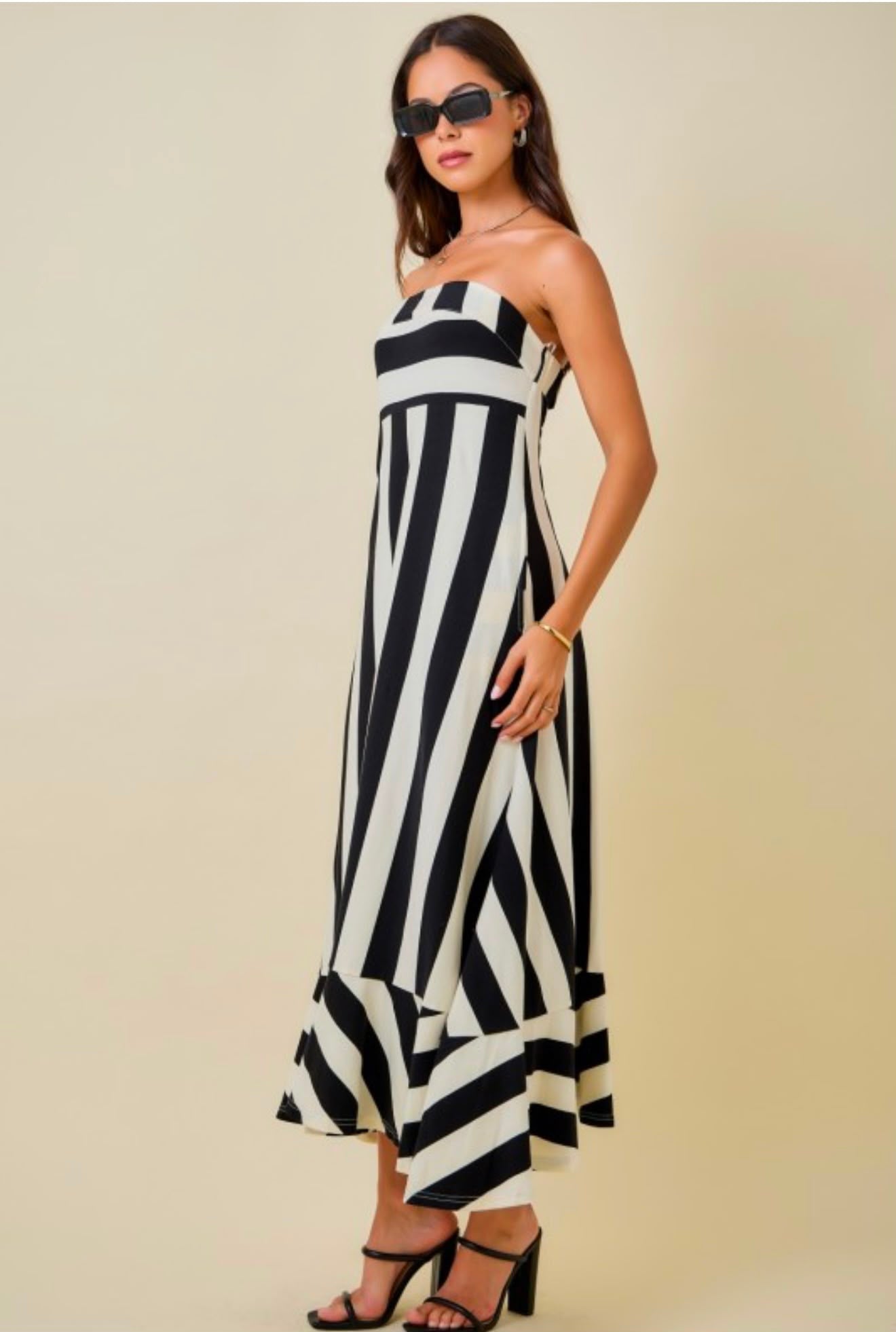 Strapless Mixed Stripe Maxi Dress With Flared Ruffle Hem