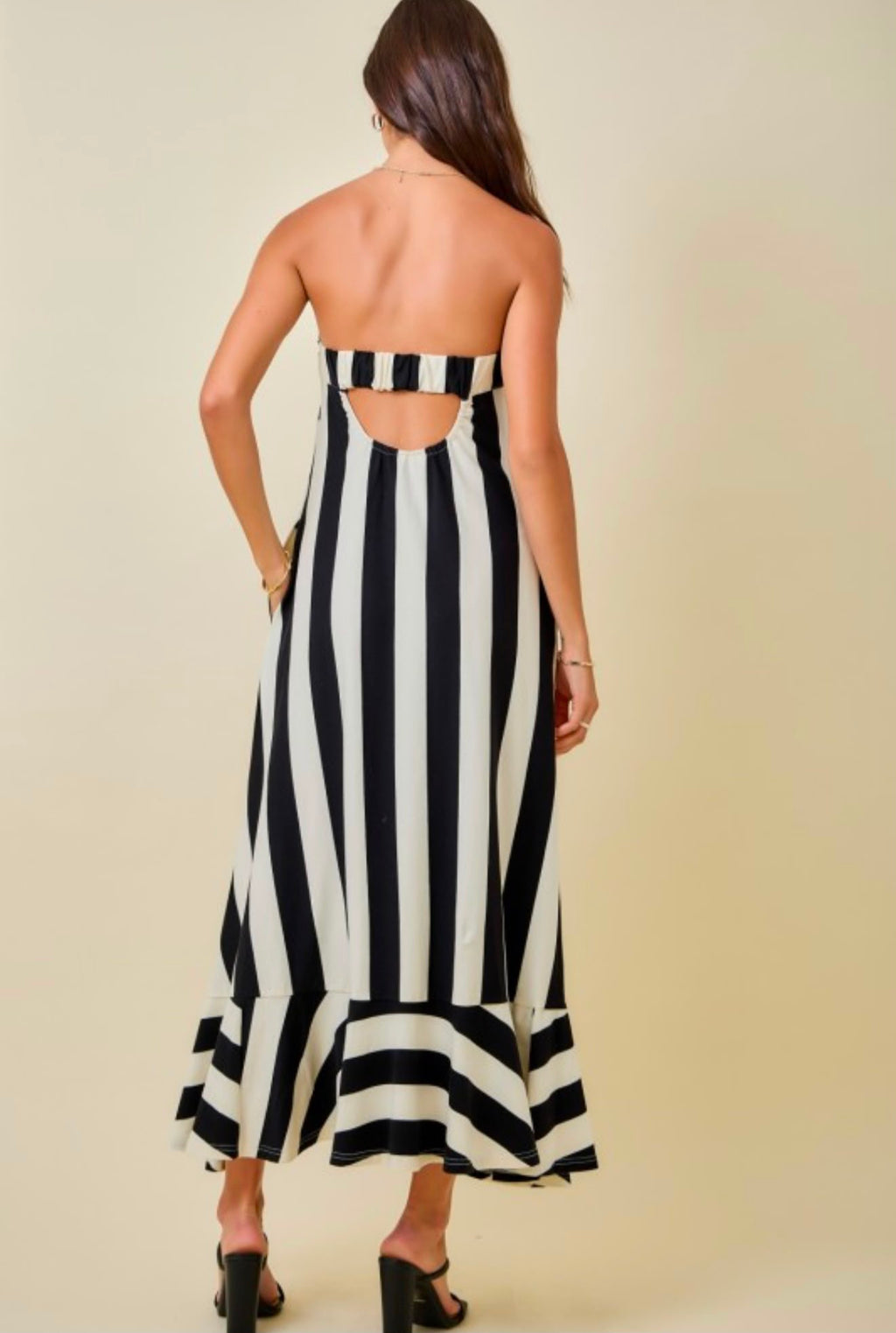 Strapless Mixed Stripe Maxi Dress With Flared Ruffle Hem