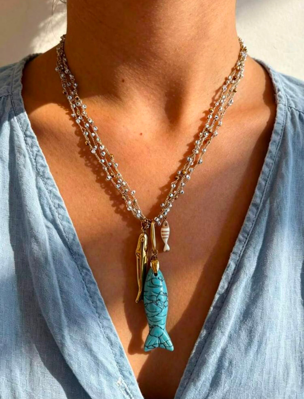 Goldfish Stainless Steel Necklace with Turquoise Gold Plated.