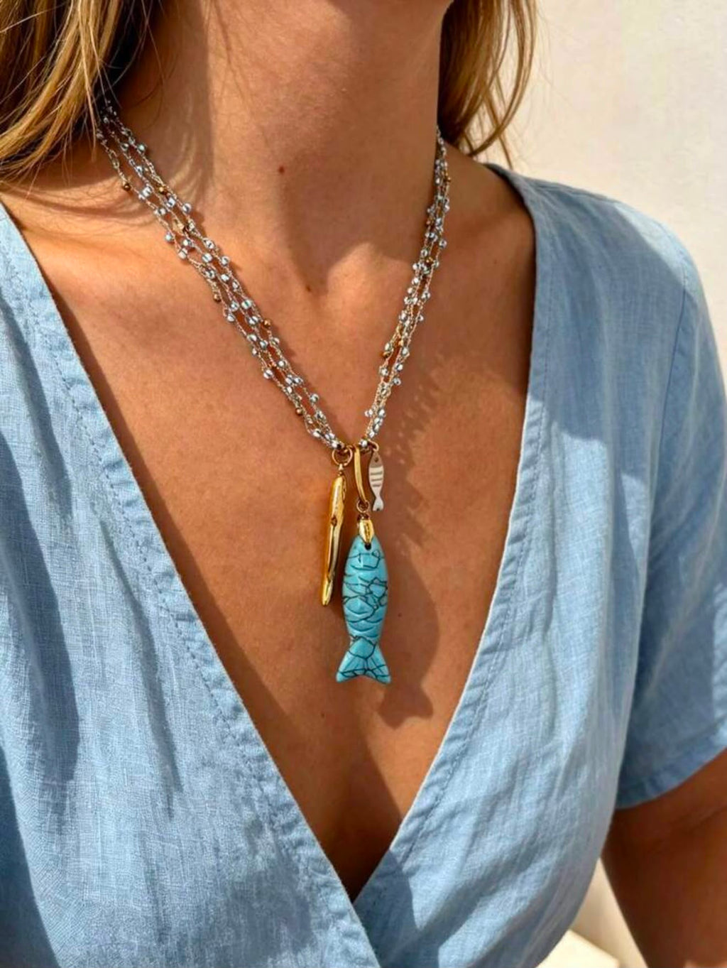 Goldfish Stainless Steel Necklace with Turquoise Gold Plated.
