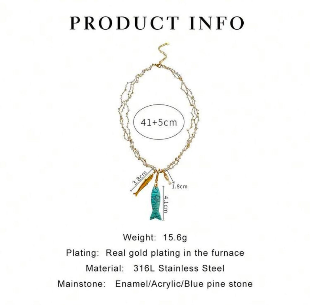 Goldfish Stainless Steel Necklace with Turquoise Gold Plated.