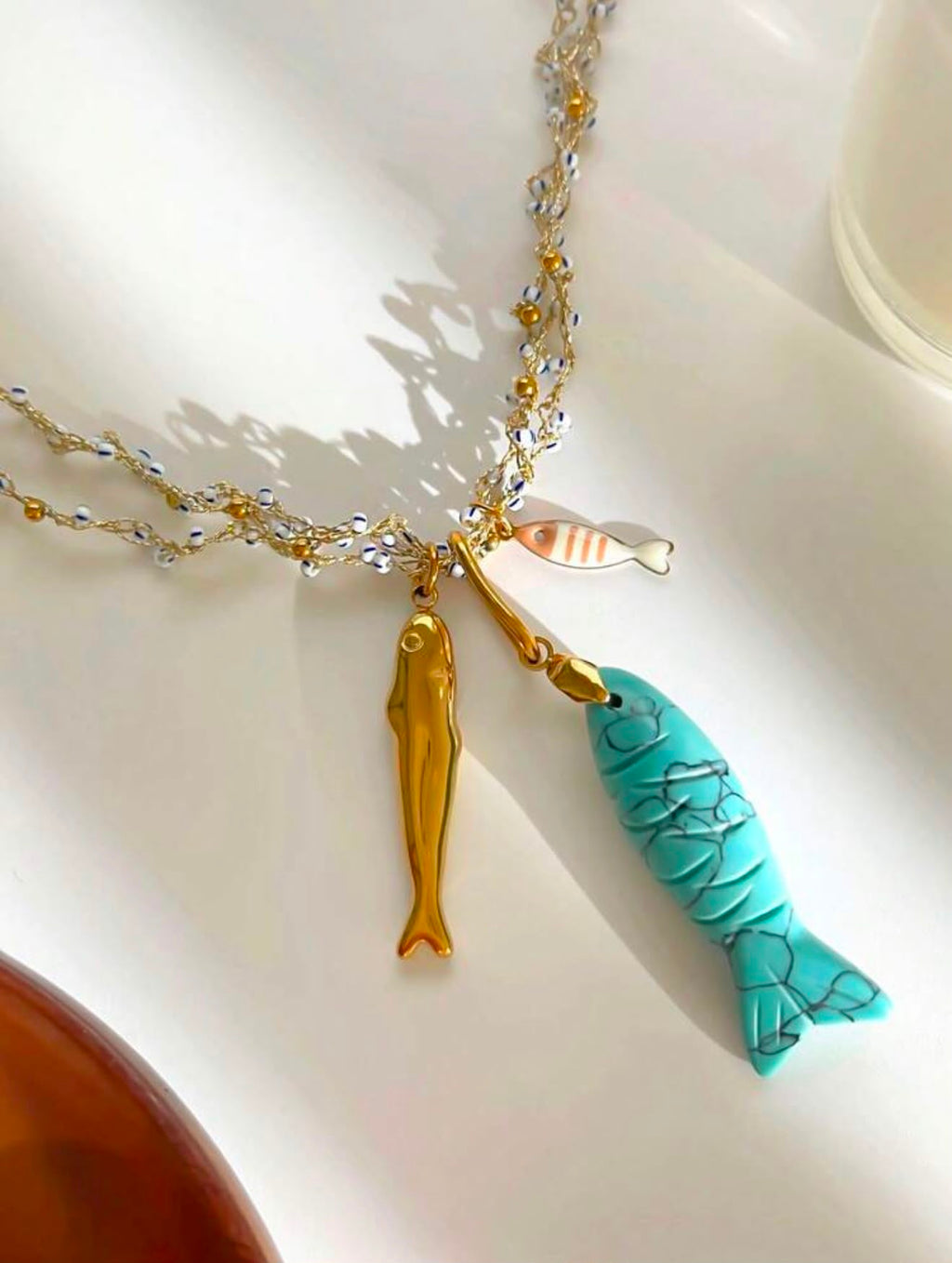Goldfish Stainless Steel Necklace with Turquoise Gold Plated.