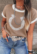 Horse Shoe Pattern Contrast Trim Short Sleeve Sweater
