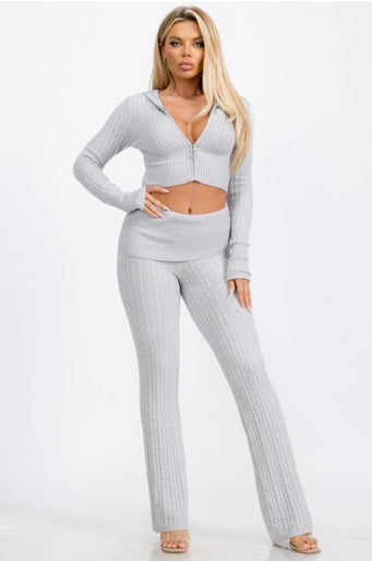 Cable knit Hoodie Sweater Top & Pant Set