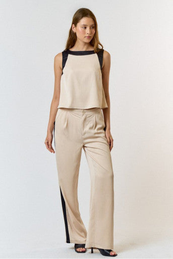 Satin Contrast Top and Wide Leg Pants Set