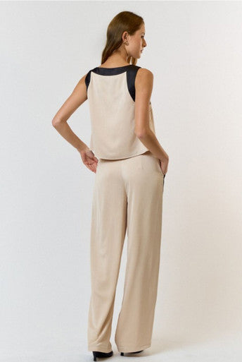 Satin Contrast Top and Wide Leg Pants Set