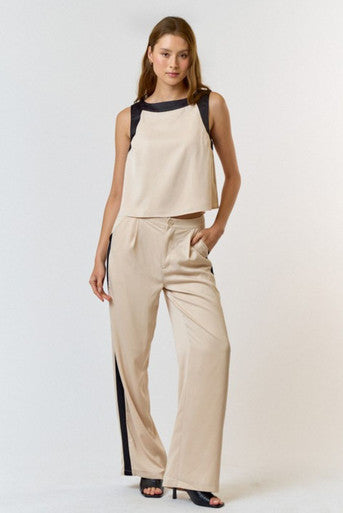 Satin Contrast Top and Wide Leg Pants Set