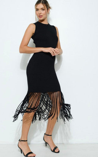 Sleeveless Knit Fringe Hem Midi Dress