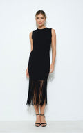 Sleeveless Knit Fringe Hem Midi Dress