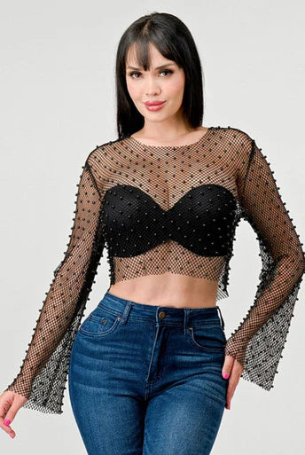 Sexy Studded Pearl Fishnet Crop Top