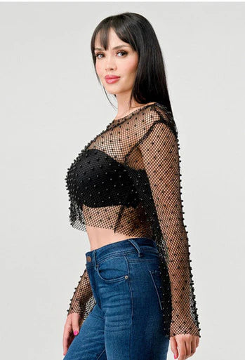 Sexy Studded Pearl Fishnet Crop Top