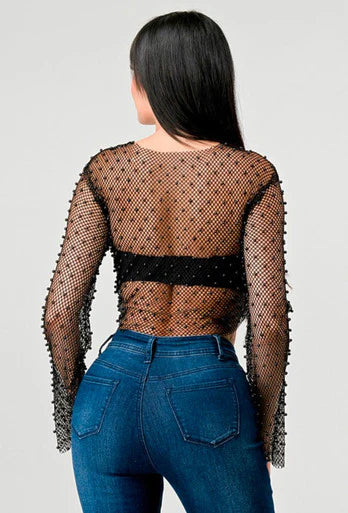Sexy Studded Pearl Fishnet Crop Top