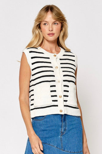 Gold Button Striped Sweater Vest