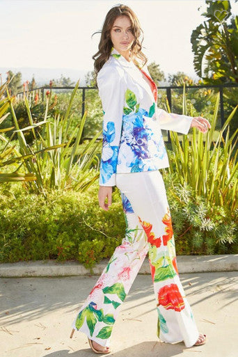 Fiorella White Multi-Floral Pants and Blazer Suit